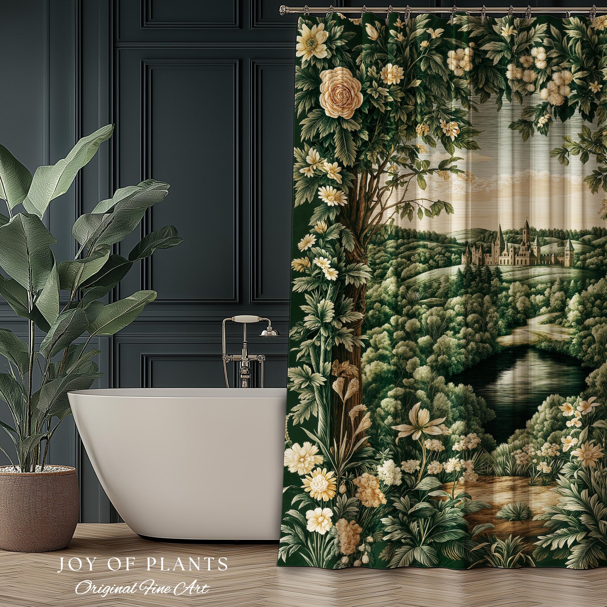 Castle Landscape Botanical Shower Curtain | Fairytale Aesthetic Mystic Garden Bathroom Fairycore Woodland Nature Princesscore Bathroom Decor
