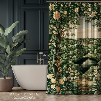 Castle Landscape Botanical Shower Curtain | Fairytale Aesthetic Mystic Garden Bathroom Fairycore Woodland Nature Princesscore Bathroom Decor