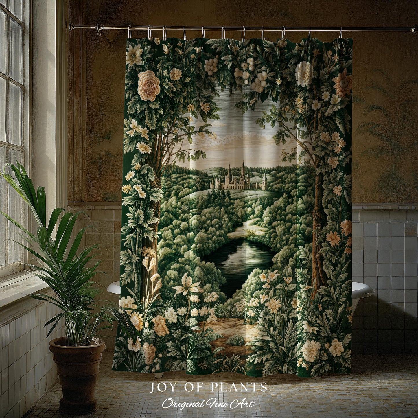 Castle Landscape Botanical Shower Curtain | Fairytale Aesthetic Mystic Garden Bathroom Fairycore Woodland Nature Princesscore Bathroom Decor