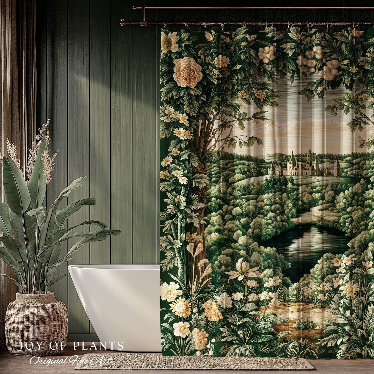 Castle Landscape Botanical Shower Curtain | Fairytale Aesthetic Mystic Garden Bathroom Fairycore Woodland Nature Princesscore Bathroom Decor