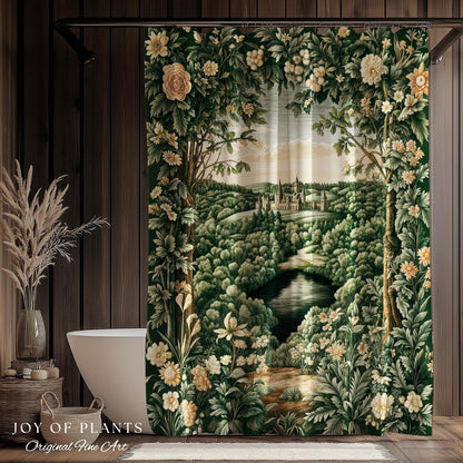 Castle Landscape Botanical Shower Curtain | Fairytale Aesthetic Mystic Garden Bathroom Fairycore Woodland Nature Princesscore Bathroom Decor