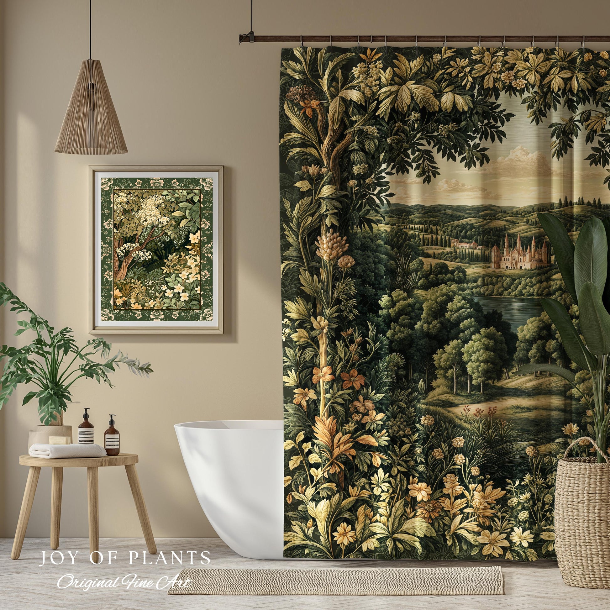 Renaissance Aesthetic Shower Curtain | Whimsical Fairytale Botanical Magic Garden Bathroom Decor Fairycore Woodland Natural Elegance Style
