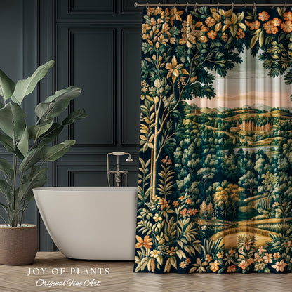 Magical Kingdom Folklore Shower Curtain | Medieval Botanical Gothic Victorian Fairytale Garden Bathroom Decor Romantic Victorian Landscape |