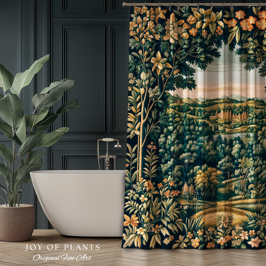 Magical Kingdom Folklore Shower Curtain | Medieval Botanical Gothic Victorian Fairytale Garden Bathroom Decor Romantic Victorian Landscape |