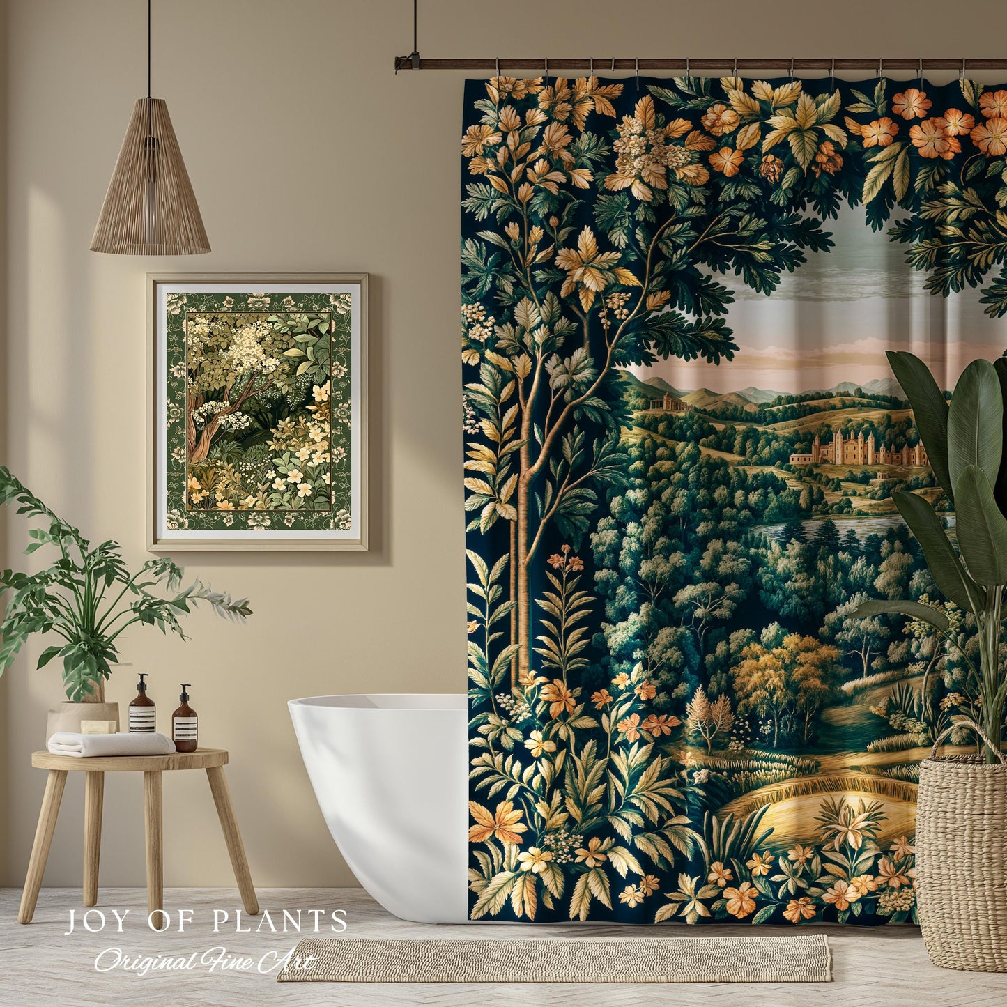 Magical Kingdom Folklore Shower Curtain | Medieval Botanical Gothic Victorian Fairytale Garden Bathroom Decor Romantic Victorian Landscape |