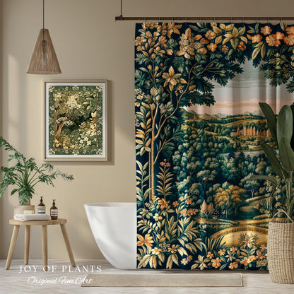 Magical Kingdom Folklore Shower Curtain | Medieval Botanical Gothic Victorian Fairytale Garden Bathroom Decor Romantic Victorian Landscape |