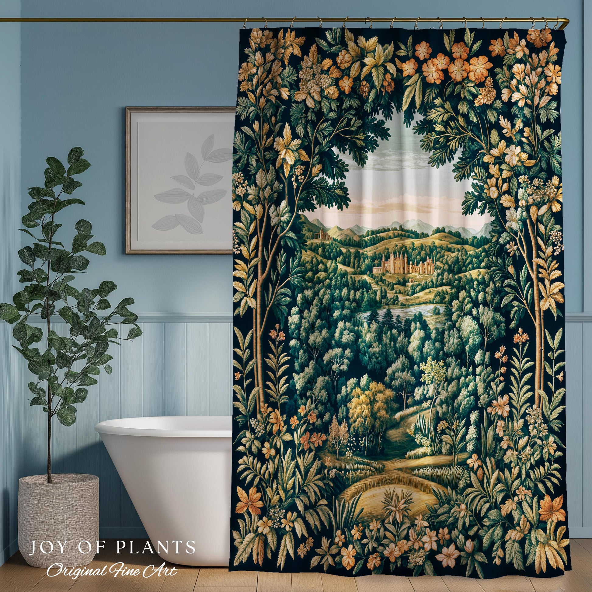Magical Kingdom Folklore Shower Curtain | Medieval Botanical Gothic Victorian Fairytale Garden Bathroom Decor Romantic Victorian Landscape |