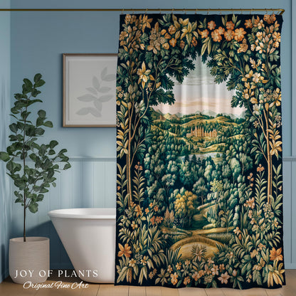 Magical Kingdom Folklore Shower Curtain | Medieval Botanical Gothic Victorian Fairytale Garden Bathroom Decor Romantic Victorian Landscape |