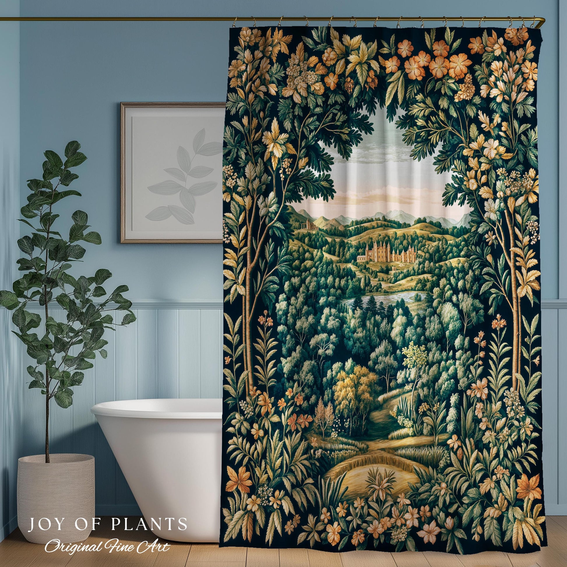 Magical Kingdom Folklore Shower Curtain | Medieval Botanical Gothic Victorian Fairytale Garden Bathroom Decor Romantic Victorian Landscape |