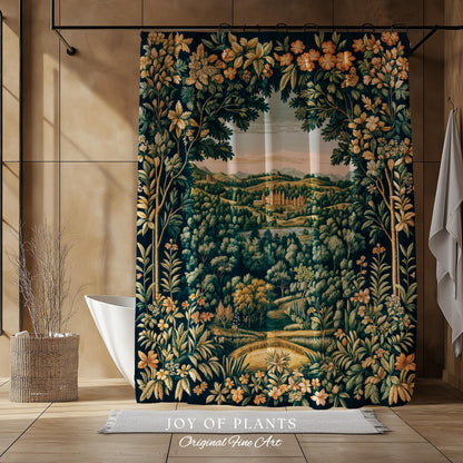 Magical Kingdom Folklore Shower Curtain | Medieval Botanical Gothic Victorian Fairytale Garden Bathroom Decor Romantic Victorian Landscape |