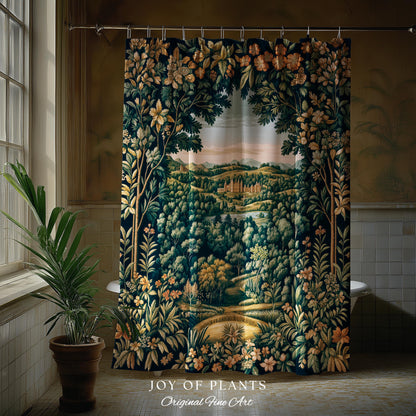 Magical Kingdom Folklore Shower Curtain | Medieval Botanical Gothic Victorian Fairytale Garden Bathroom Decor Romantic Victorian Landscape |
