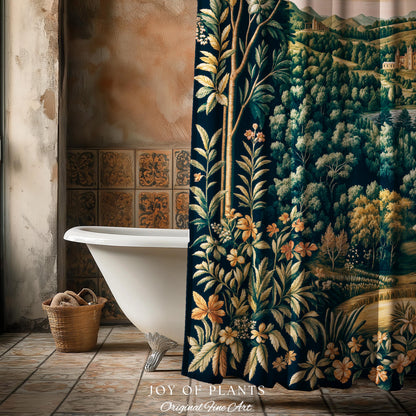 Magical Kingdom Folklore Shower Curtain | Medieval Botanical Gothic Victorian Fairytale Garden Bathroom Decor Romantic Victorian Landscape |