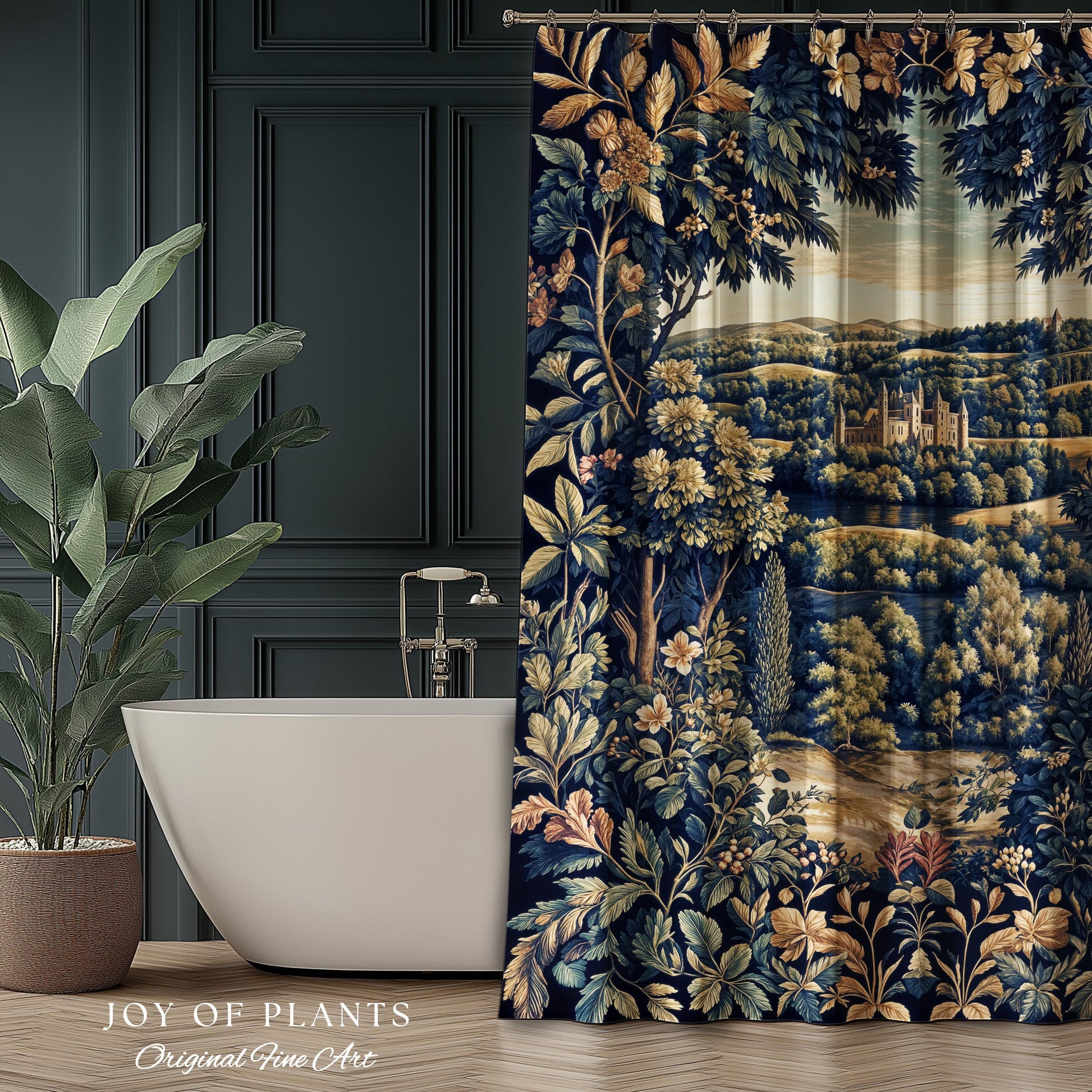 Elegant Rococo Landscape Botanical Shower Curtain | Romantic Victorian Elegance Medieval Gothic Fairytale Floral Bathroom Baroque Style |