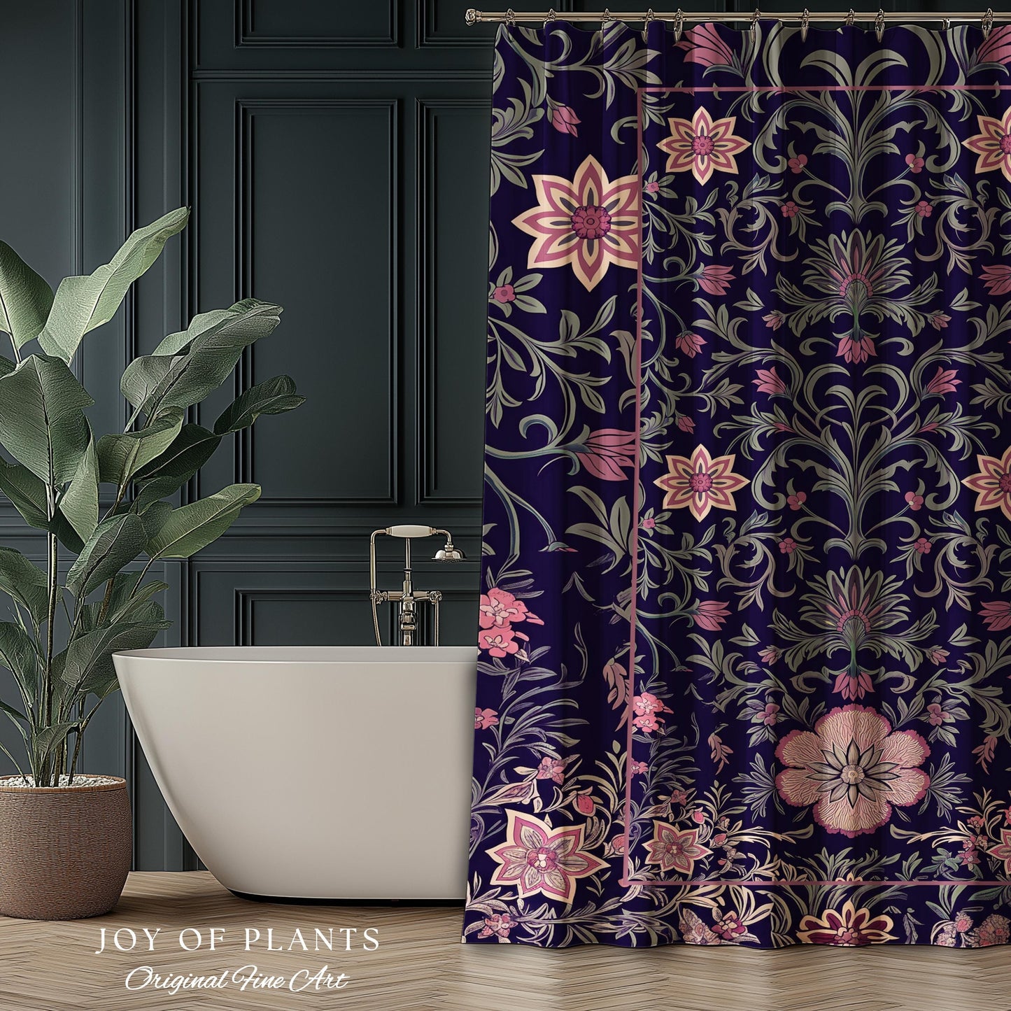 Whimsical Florals Shower Curtain | Dark Renaissance Style Art Deco Aesthetic Purple Botanical Bathroom Morris Inspired Fairycore Gothic Bath