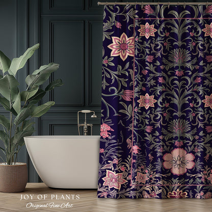 Whimsical Florals Shower Curtain | Dark Renaissance Style Art Deco Aesthetic Purple Botanical Bathroom Morris Inspired Fairycore Gothic Bath