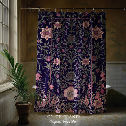 Whimsical Florals Shower Curtain | Dark Renaissance Style Art Deco Aesthetic Purple Botanical Bathroom Morris Inspired Fairycore Gothic Bath