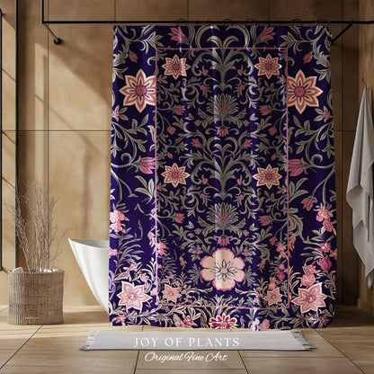 Whimsical Florals Shower Curtain | Dark Renaissance Style Art Deco Aesthetic Purple Botanical Bathroom Morris Inspired Fairycore Gothic Bath