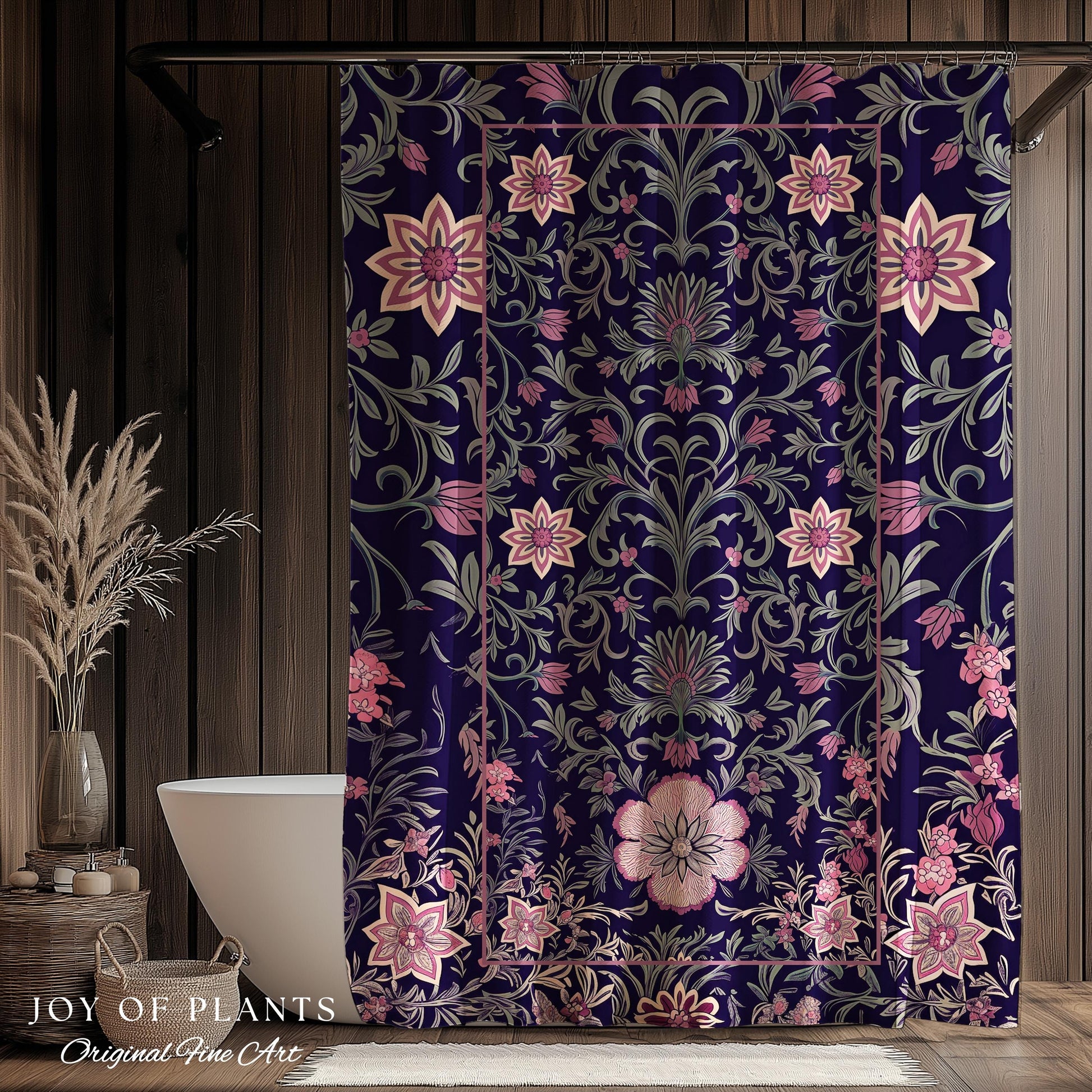 Whimsical Florals Shower Curtain | Dark Renaissance Style Art Deco Aesthetic Purple Botanical Bathroom Morris Inspired Fairycore Gothic Bath