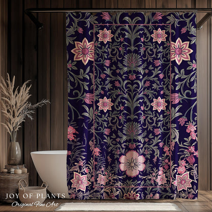 Whimsical Florals Shower Curtain | Dark Renaissance Style Art Deco Aesthetic Purple Botanical Bathroom Morris Inspired Fairycore Gothic Bath