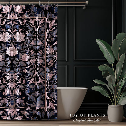Elegant Fairycore Floral Shower Curtain | Ornate Renaissance Style Art Deco Aesthetic Purple Dark Botanical William Morris Inspired Bathroom