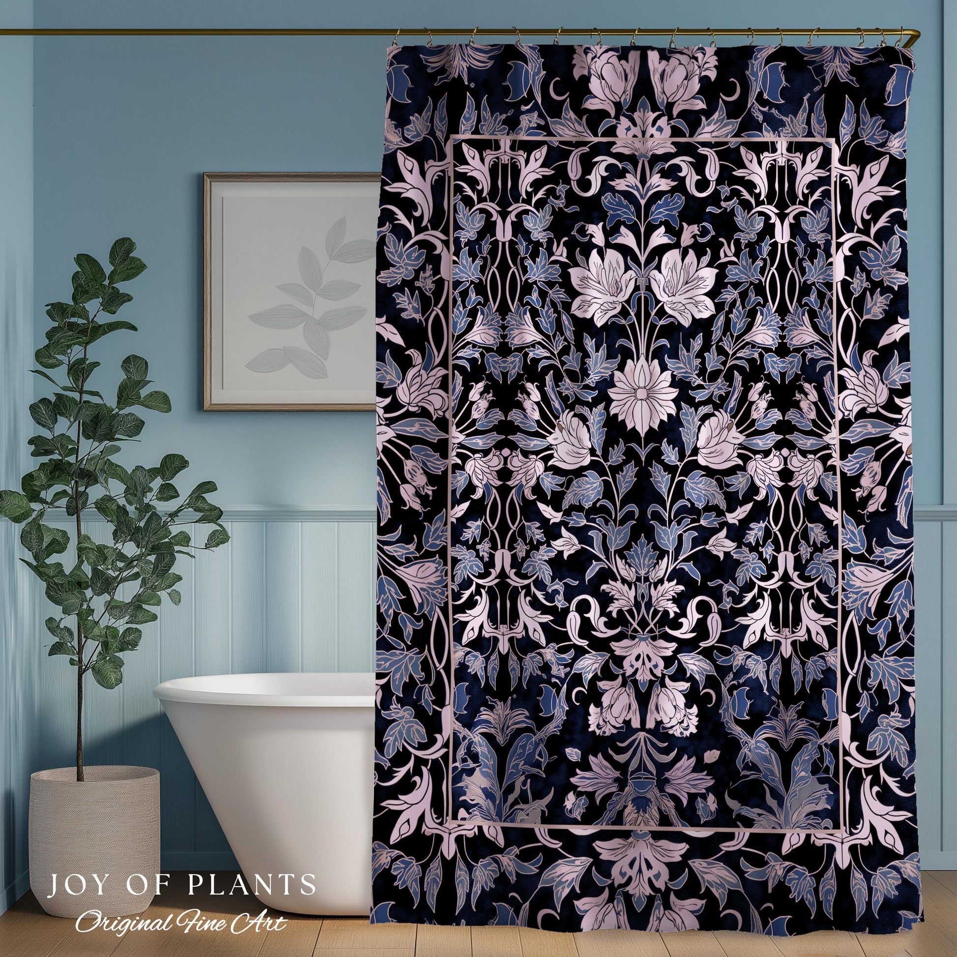 Elegant Fairycore Floral Shower Curtain | Ornate Renaissance Style Art Deco Aesthetic Purple Dark Botanical William Morris Inspired Bathroom