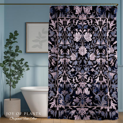 Elegant Fairycore Floral Shower Curtain | Ornate Renaissance Style Art Deco Aesthetic Purple Dark Botanical William Morris Inspired Bathroom
