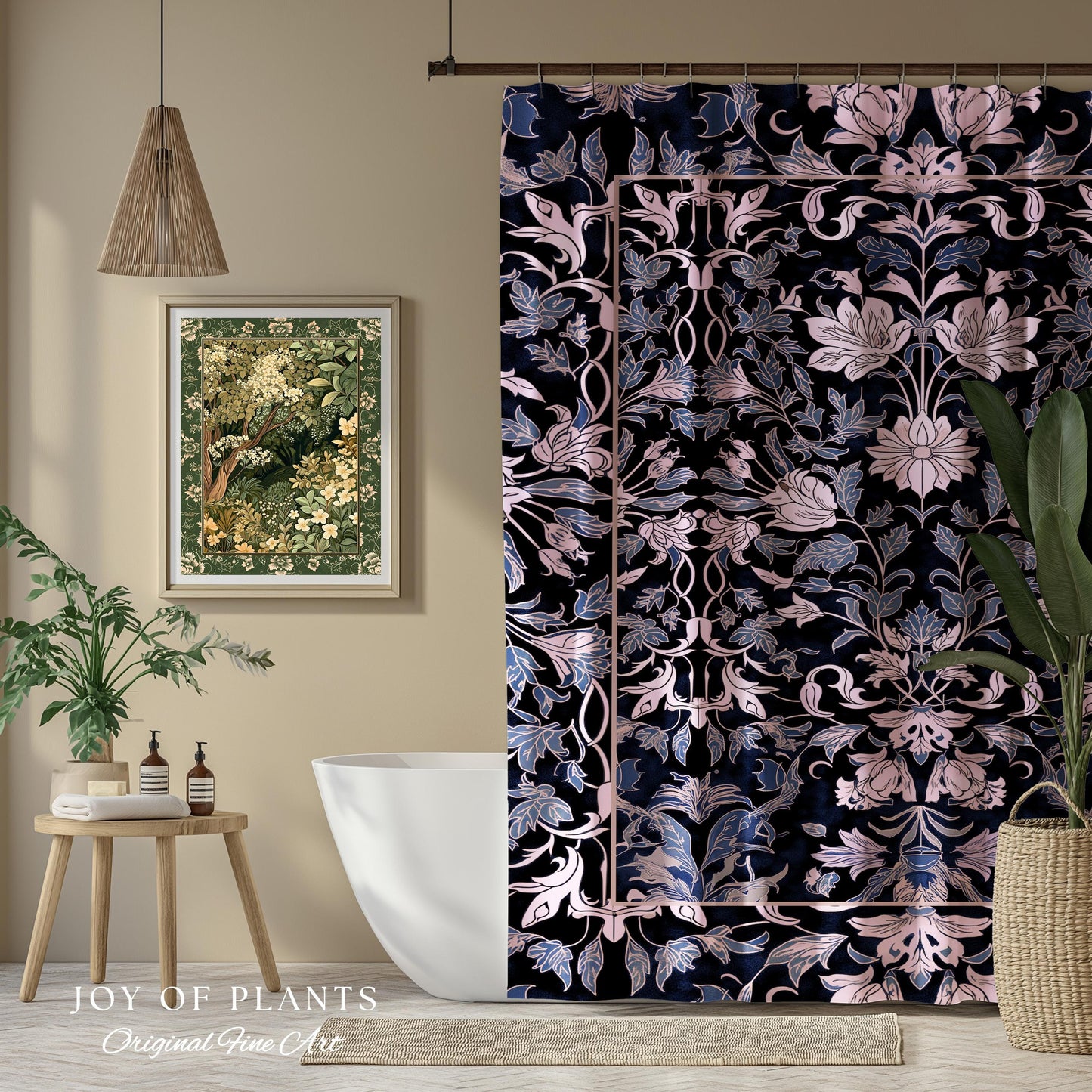 Elegant Fairycore Floral Shower Curtain | Ornate Renaissance Style Art Deco Aesthetic Purple Dark Botanical William Morris Inspired Bathroom