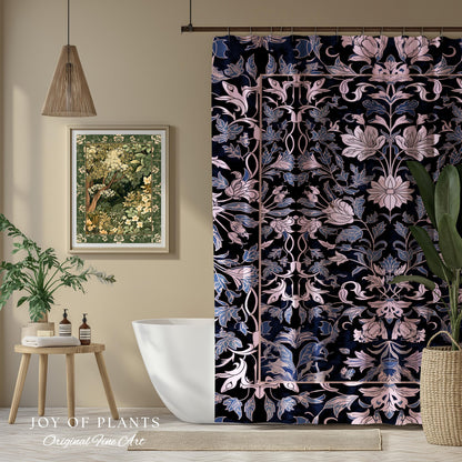 Elegant Fairycore Floral Shower Curtain | Ornate Renaissance Style Art Deco Aesthetic Purple Dark Botanical William Morris Inspired Bathroom