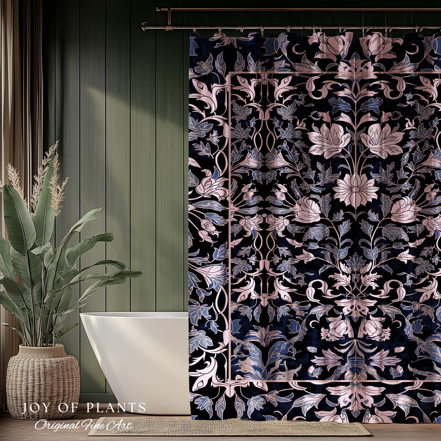 Elegant Fairycore Floral Shower Curtain | Ornate Renaissance Style Art Deco Aesthetic Purple Dark Botanical William Morris Inspired Bathroom