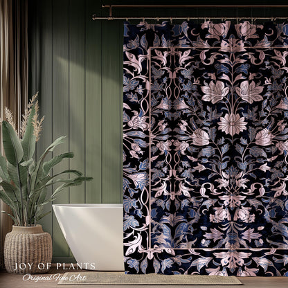 Elegant Fairycore Floral Shower Curtain | Ornate Renaissance Style Art Deco Aesthetic Purple Dark Botanical William Morris Inspired Bathroom