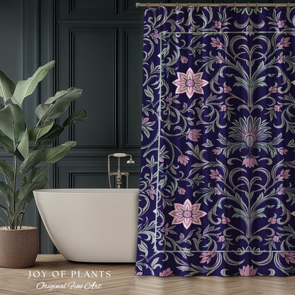 Art Deco Aesthetic Shower Curtain Floral | Whimsical Maximalist Ornate Dark Renaissance Style Aesthetic Bathroom Lavender Purple Botanical
