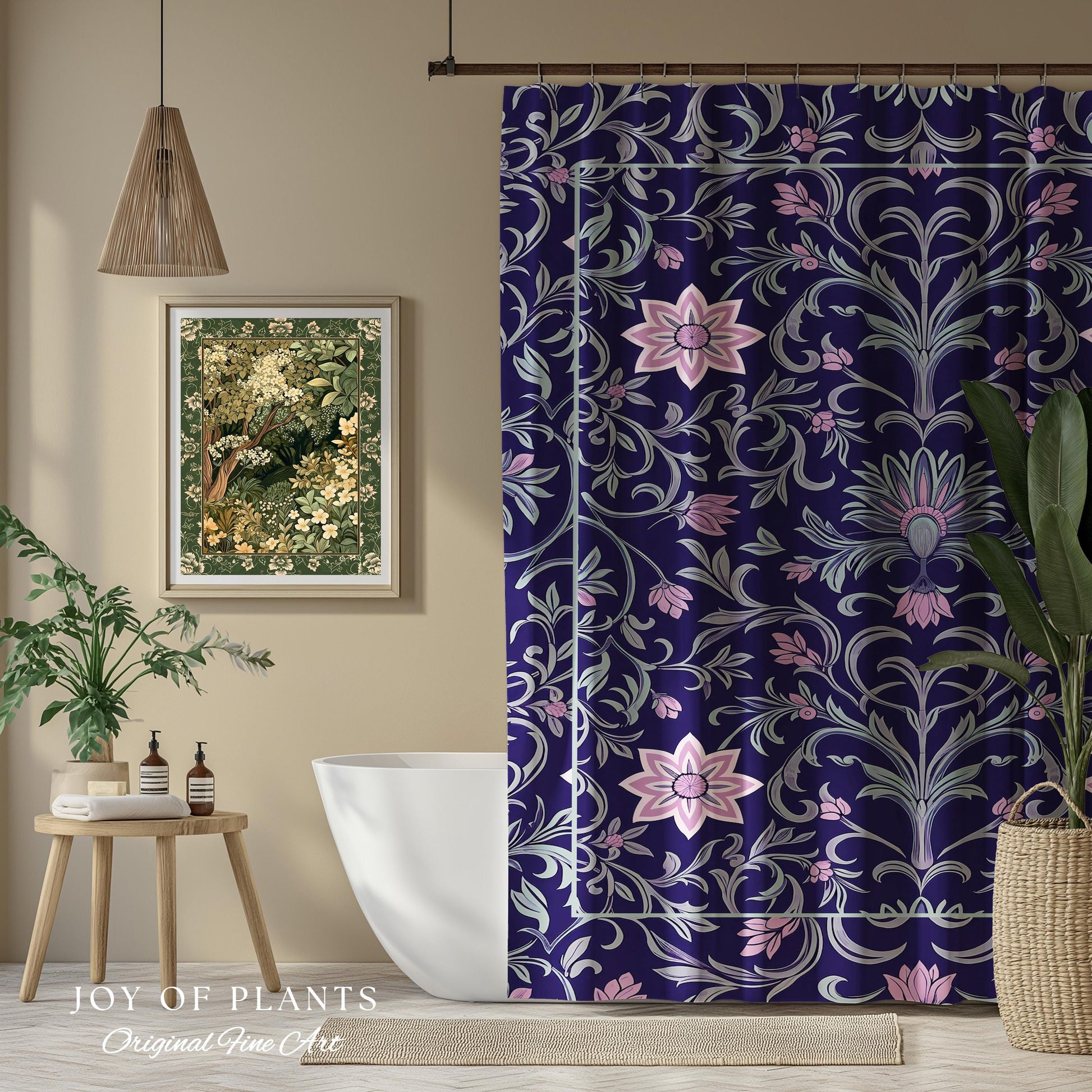Art Deco Aesthetic Shower Curtain Floral | Whimsical Maximalist Ornate Dark Renaissance Style Aesthetic Bathroom Lavender Purple Botanical