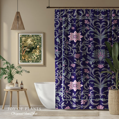 Art Deco Aesthetic Shower Curtain Floral | Whimsical Maximalist Ornate Dark Renaissance Style Aesthetic Bathroom Lavender Purple Botanical
