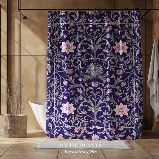 Art Deco Aesthetic Shower Curtain Floral | Whimsical Maximalist Ornate Dark Renaissance Style Aesthetic Bathroom Lavender Purple Botanical