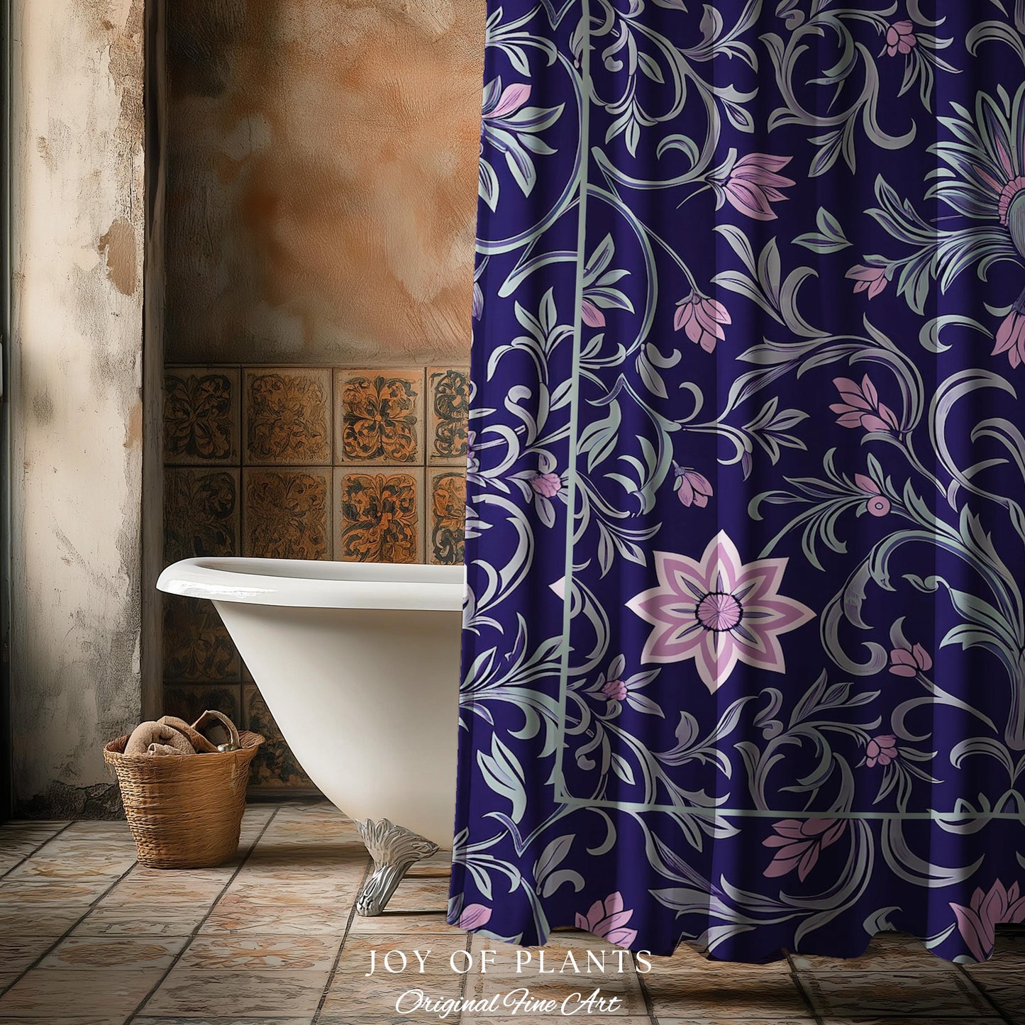 Art Deco Aesthetic Shower Curtain Floral | Whimsical Maximalist Ornate Dark Renaissance Style Aesthetic Bathroom Lavender Purple Botanical