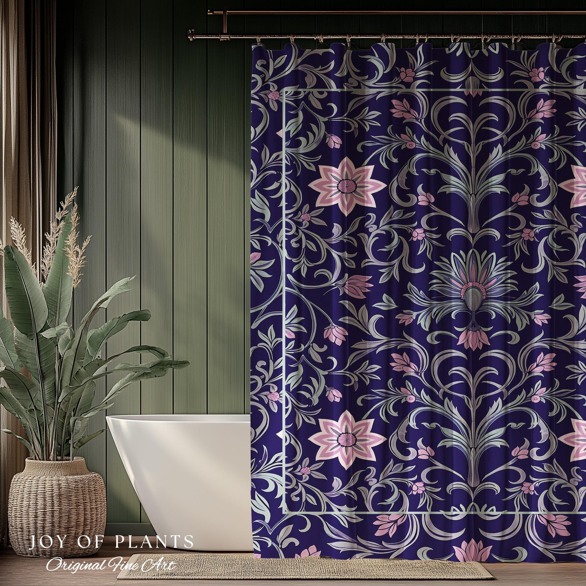 Art Deco Aesthetic Shower Curtain Floral | Whimsical Maximalist Ornate Dark Renaissance Style Aesthetic Bathroom Lavender Purple Botanical
