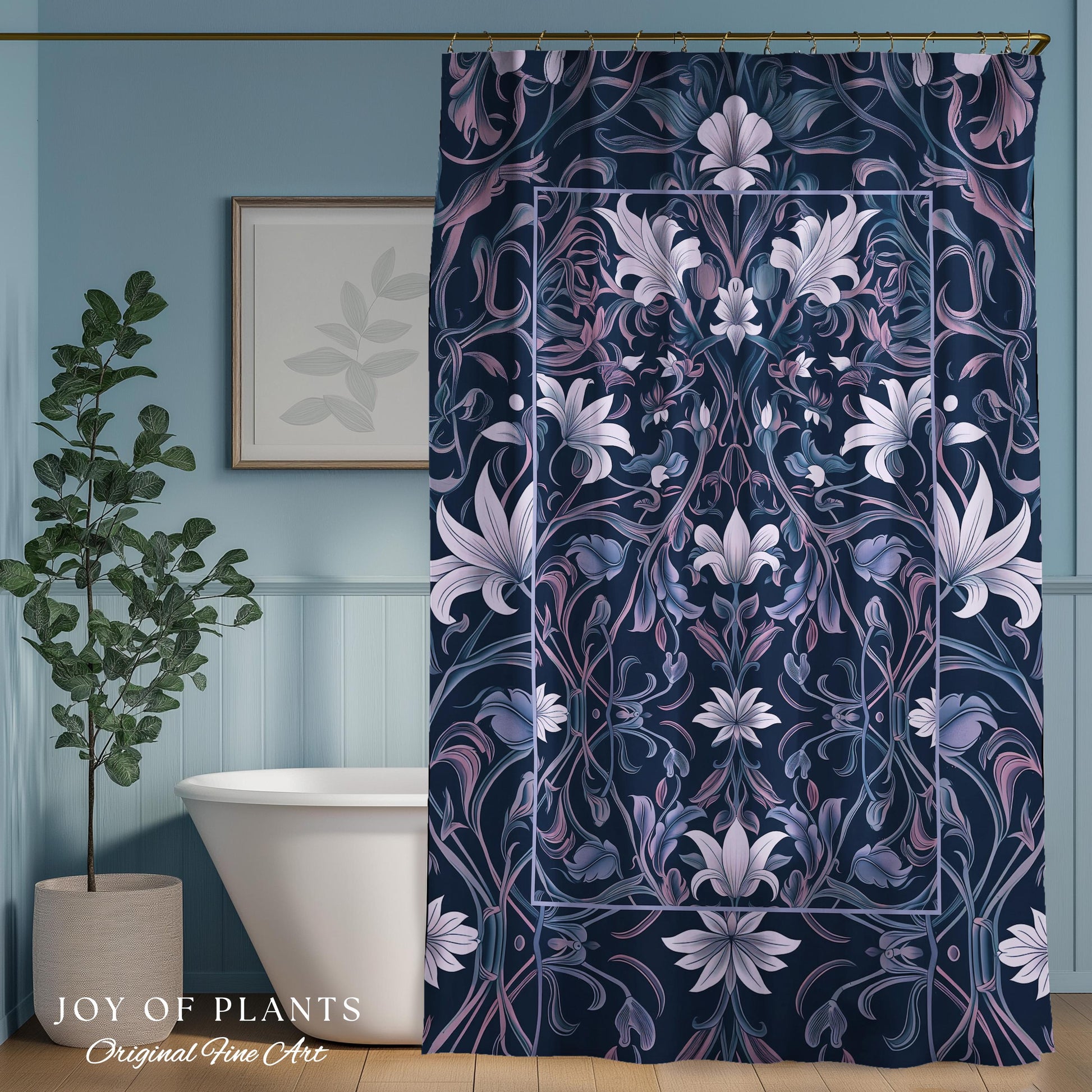 Colorful Floral Whimsical Shower Curtain | Ornate Renaissance Style Art Deco Aesthetic Purple Dark Botanical Bathroom Morris Inspired Decor