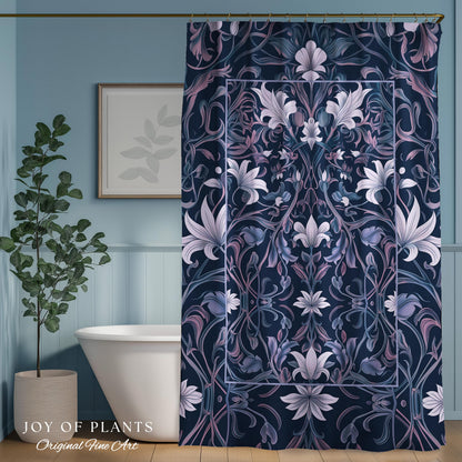Colorful Floral Whimsical Shower Curtain | Ornate Renaissance Style Art Deco Aesthetic Purple Dark Botanical Bathroom Morris Inspired Decor