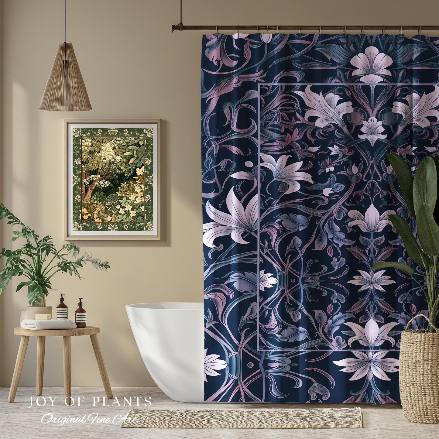 Colorful Floral Whimsical Shower Curtain | Ornate Renaissance Style Art Deco Aesthetic Purple Dark Botanical Bathroom Morris Inspired Decor
