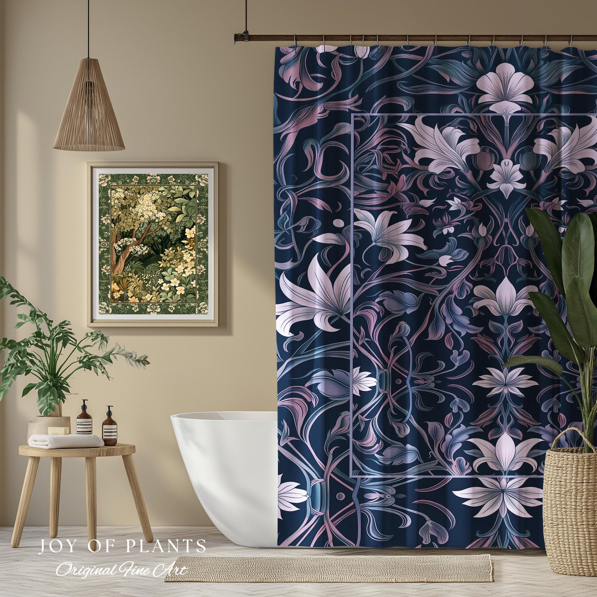 Colorful Floral Whimsical Shower Curtain | Ornate Renaissance Style Art Deco Aesthetic Purple Dark Botanical Bathroom Morris Inspired Decor