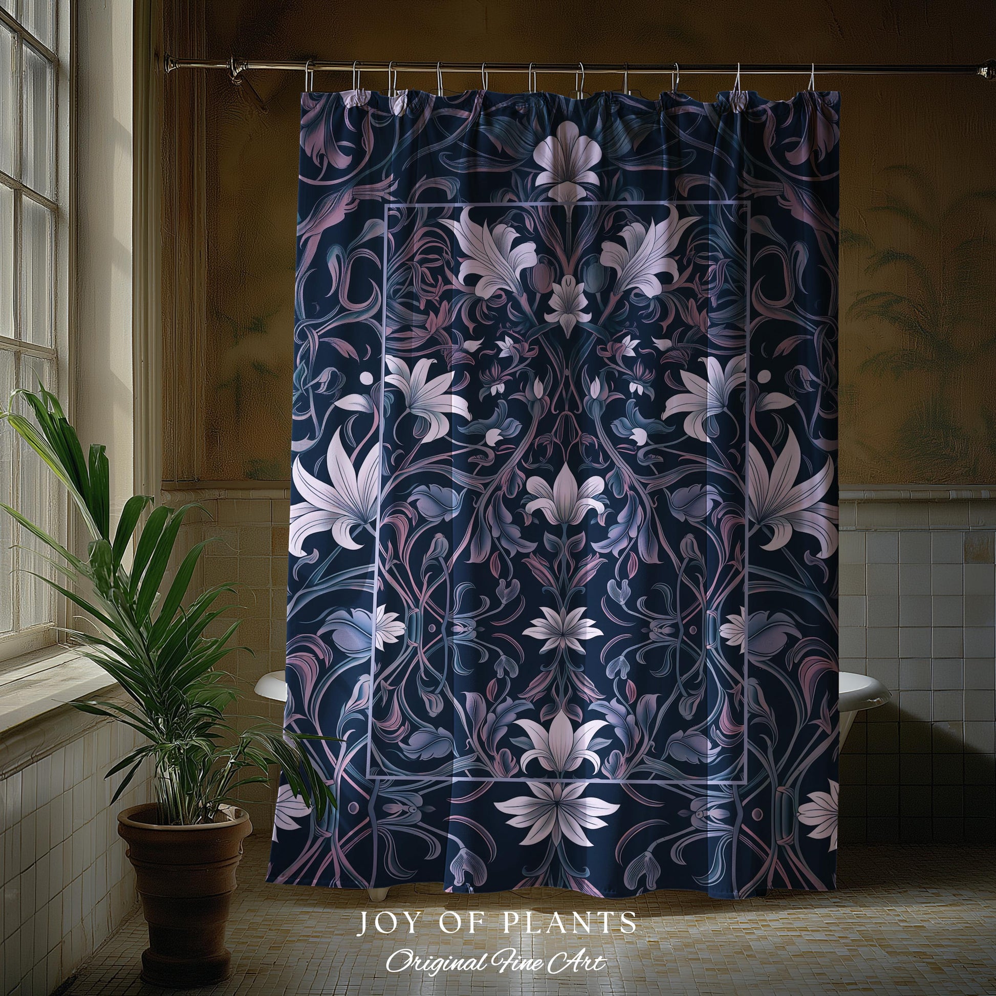 Colorful Floral Whimsical Shower Curtain | Ornate Renaissance Style Art Deco Aesthetic Purple Dark Botanical Bathroom Morris Inspired Decor