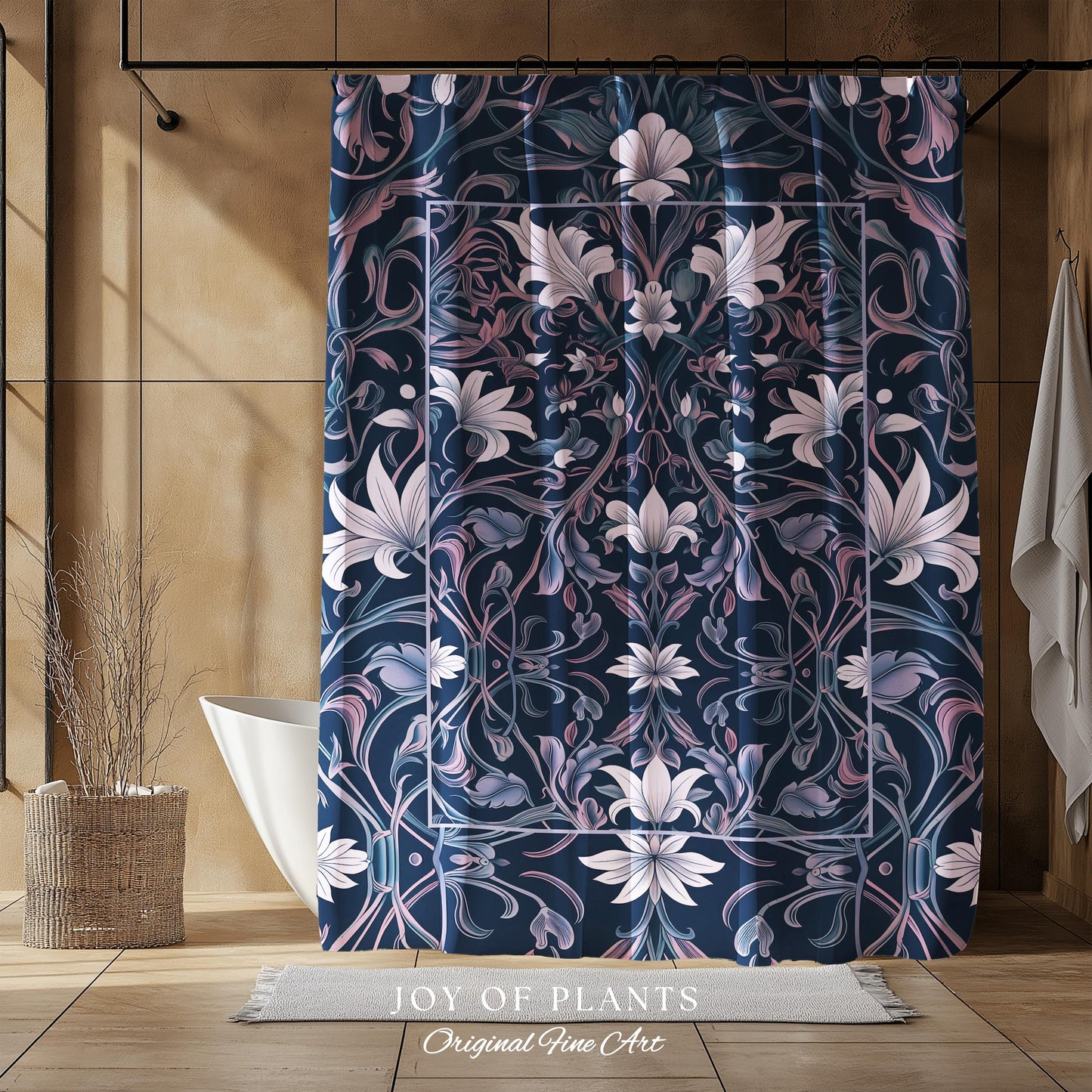 Colorful Floral Whimsical Shower Curtain | Ornate Renaissance Style Art Deco Aesthetic Purple Dark Botanical Bathroom Morris Inspired Decor