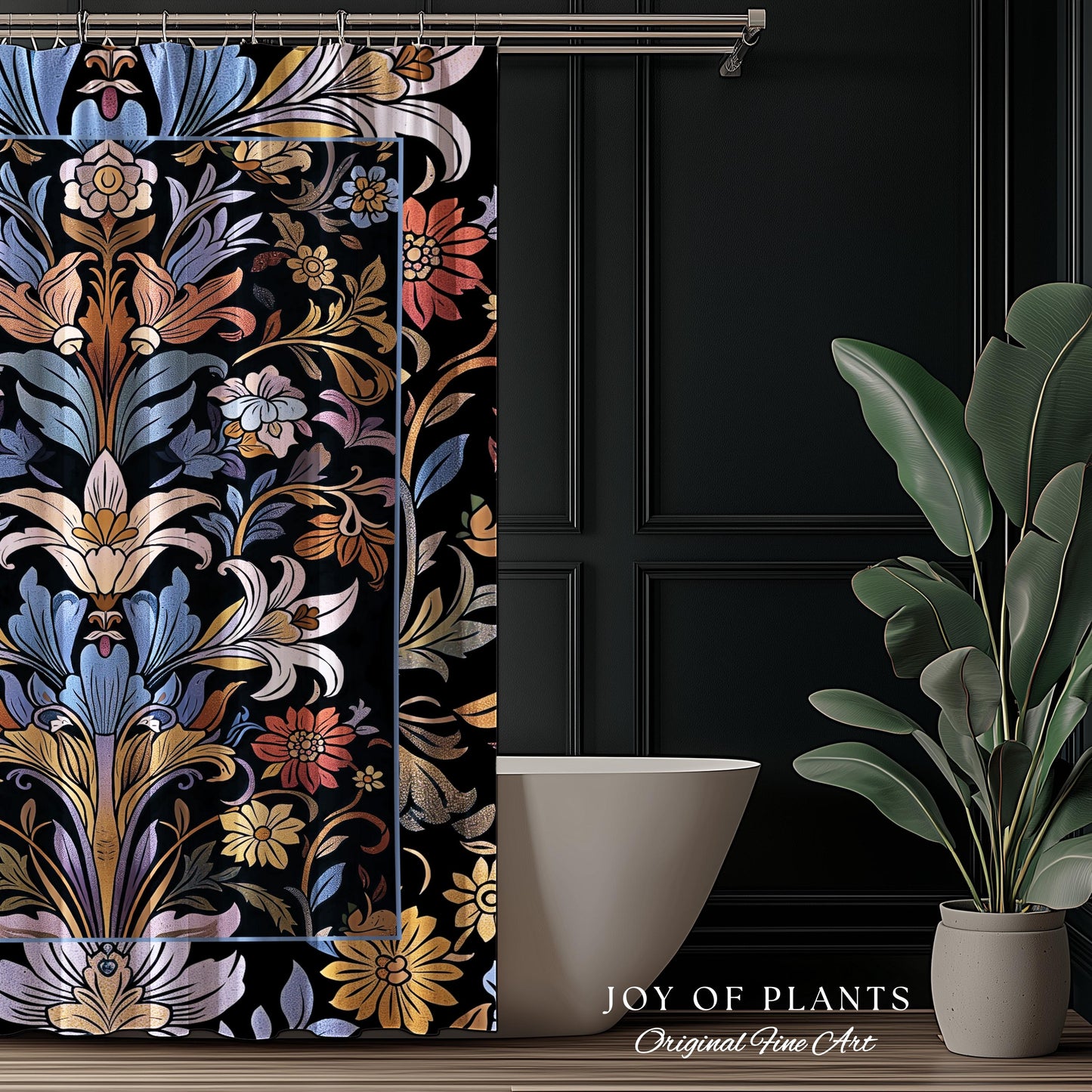 Bohemian Botanical Shower Curtain Art Nouveau Floral Enchanted Forest Flower Motifs, Whimsical Cottagecore Charm Fairycore Inspired Bathroom