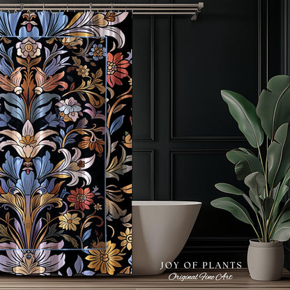 Bohemian Botanical Shower Curtain Art Nouveau Floral Enchanted Forest Flower Motifs, Whimsical Cottagecore Charm Fairycore Inspired Bathroom
