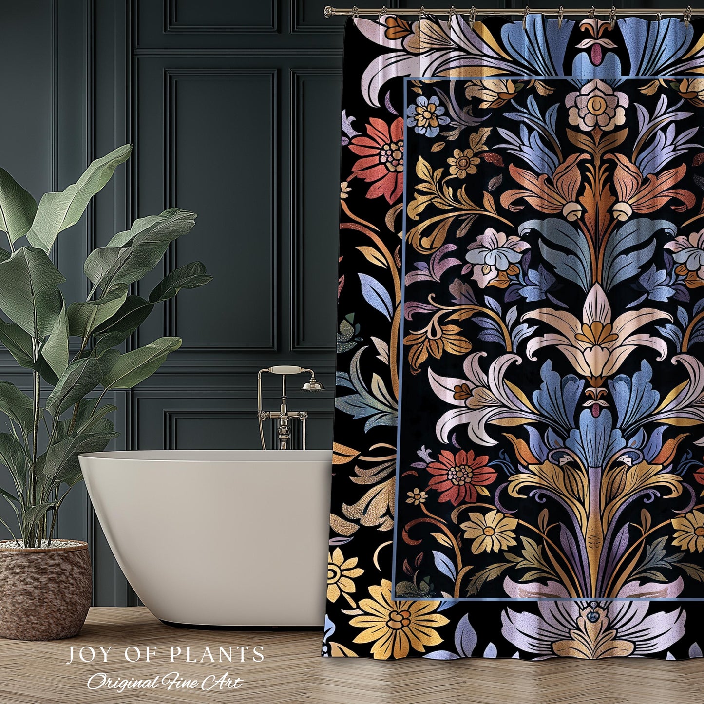 Bohemian Botanical Shower Curtain Art Nouveau Floral Enchanted Forest Flower Motifs, Whimsical Cottagecore Charm Fairycore Inspired Bathroom