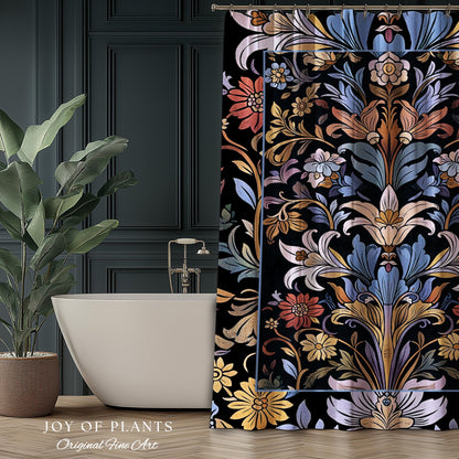 Bohemian Botanical Shower Curtain Art Nouveau Floral Enchanted Forest Flower Motifs, Whimsical Cottagecore Charm Fairycore Inspired Bathroom