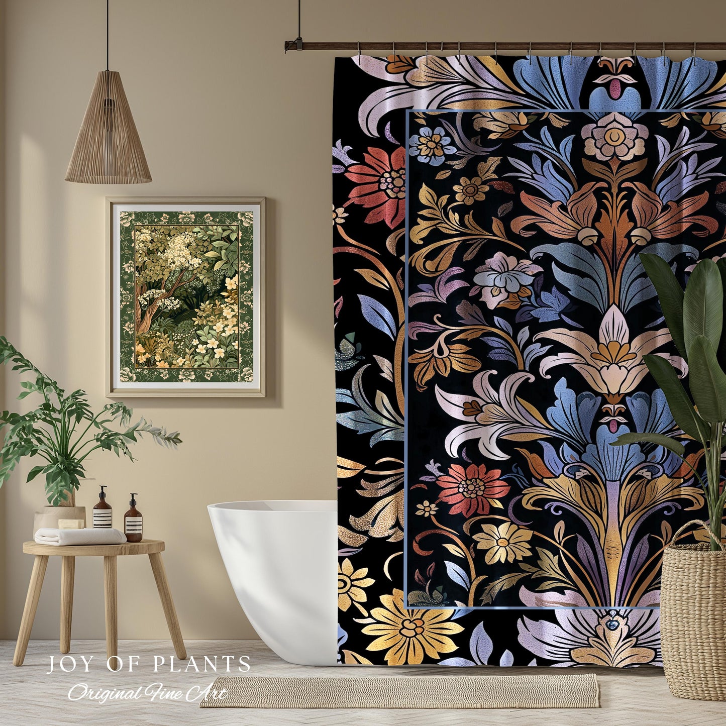 Bohemian Botanical Shower Curtain Art Nouveau Floral Enchanted Forest Flower Motifs, Whimsical Cottagecore Charm Fairycore Inspired Bathroom
