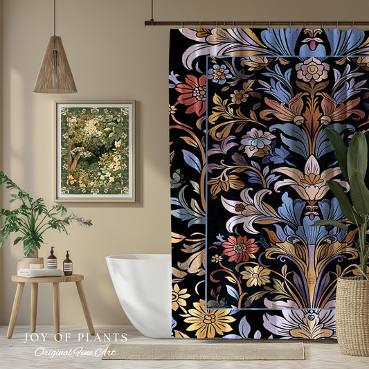 Bohemian Botanical Shower Curtain Art Nouveau Floral Enchanted Forest Flower Motifs, Whimsical Cottagecore Charm Fairycore Inspired Bathroom