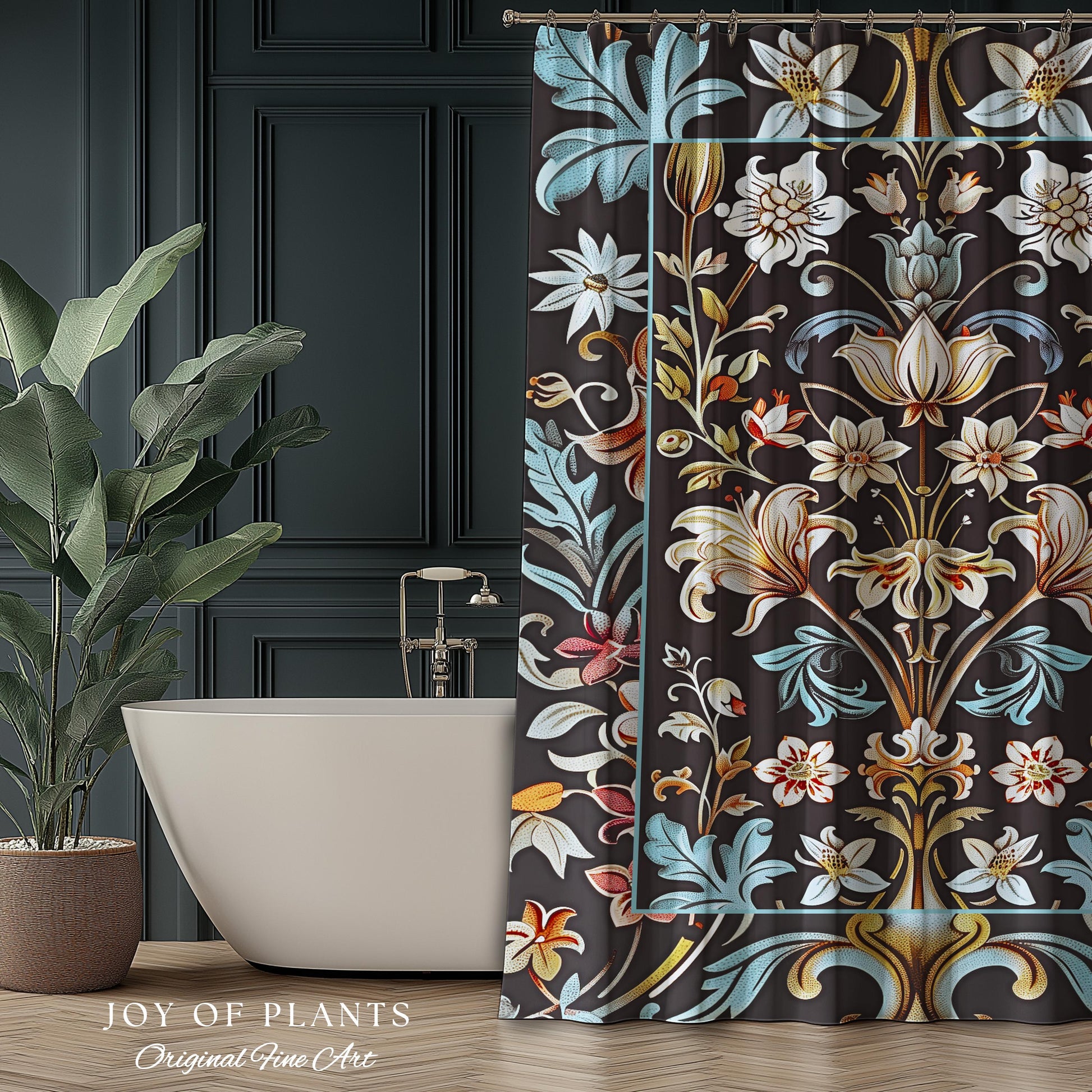 Whimsical Art Nouveau Shower Curtain Floral Victorian Whimsigothic Botanical Vintage Academia Decor William Morris Inspired Elegant Bathroom