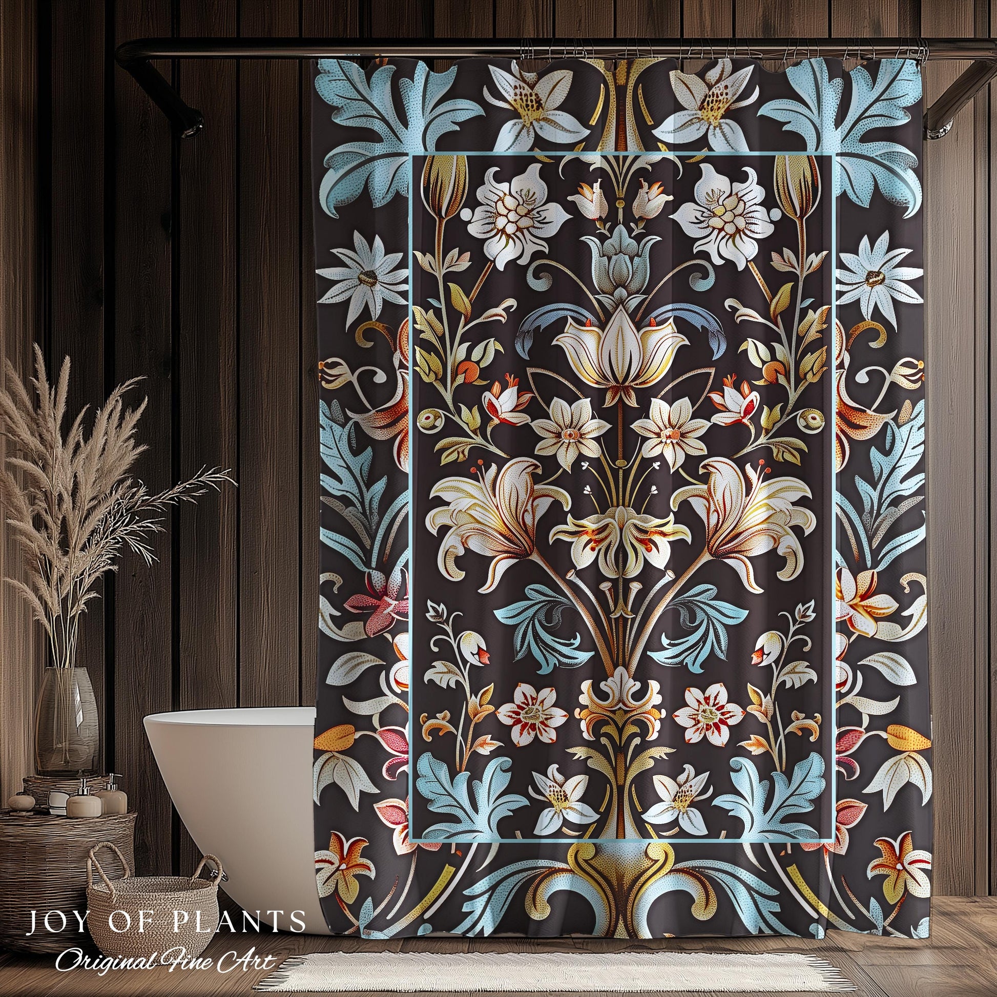 Whimsical Art Nouveau Shower Curtain Floral Victorian Whimsigothic Botanical Vintage Academia Decor William Morris Inspired Elegant Bathroom